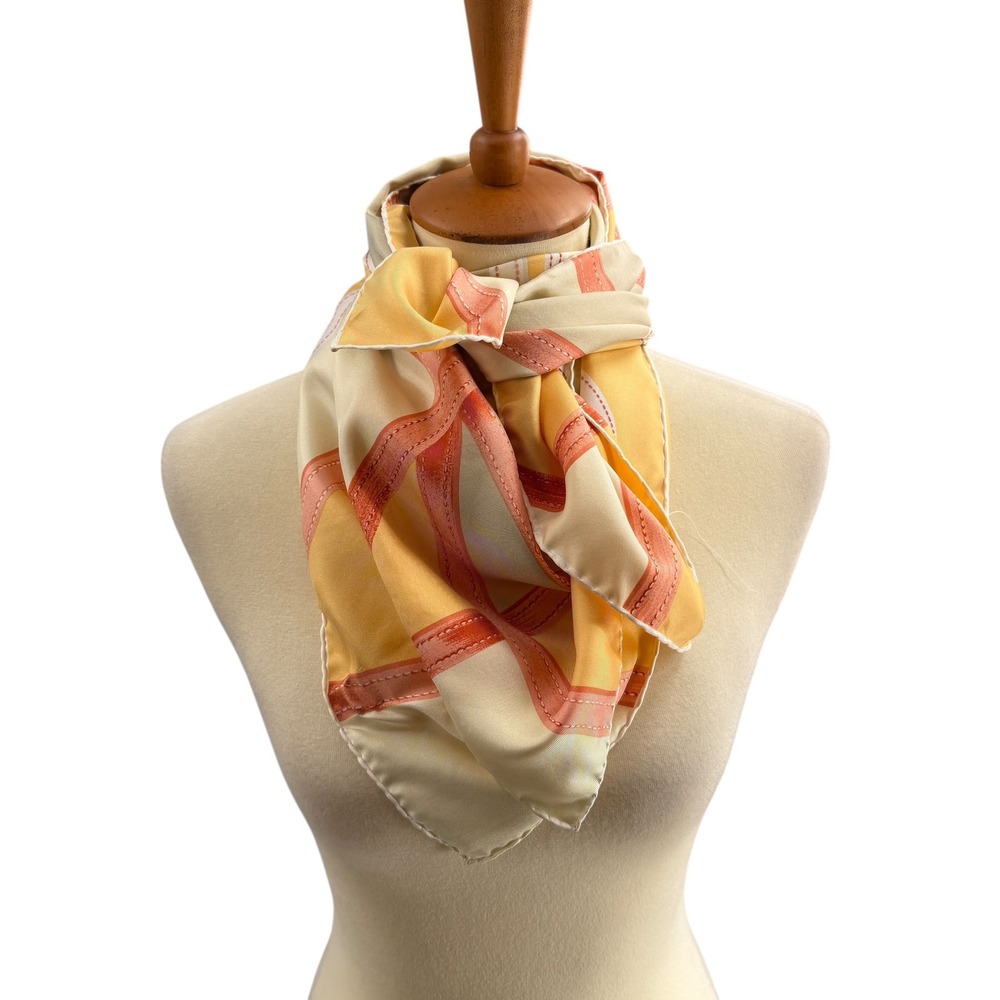 Trussardi Silk Scarf‎ Yellow Cream Floral Square 34x34 Ribbon Bow Made in Italy